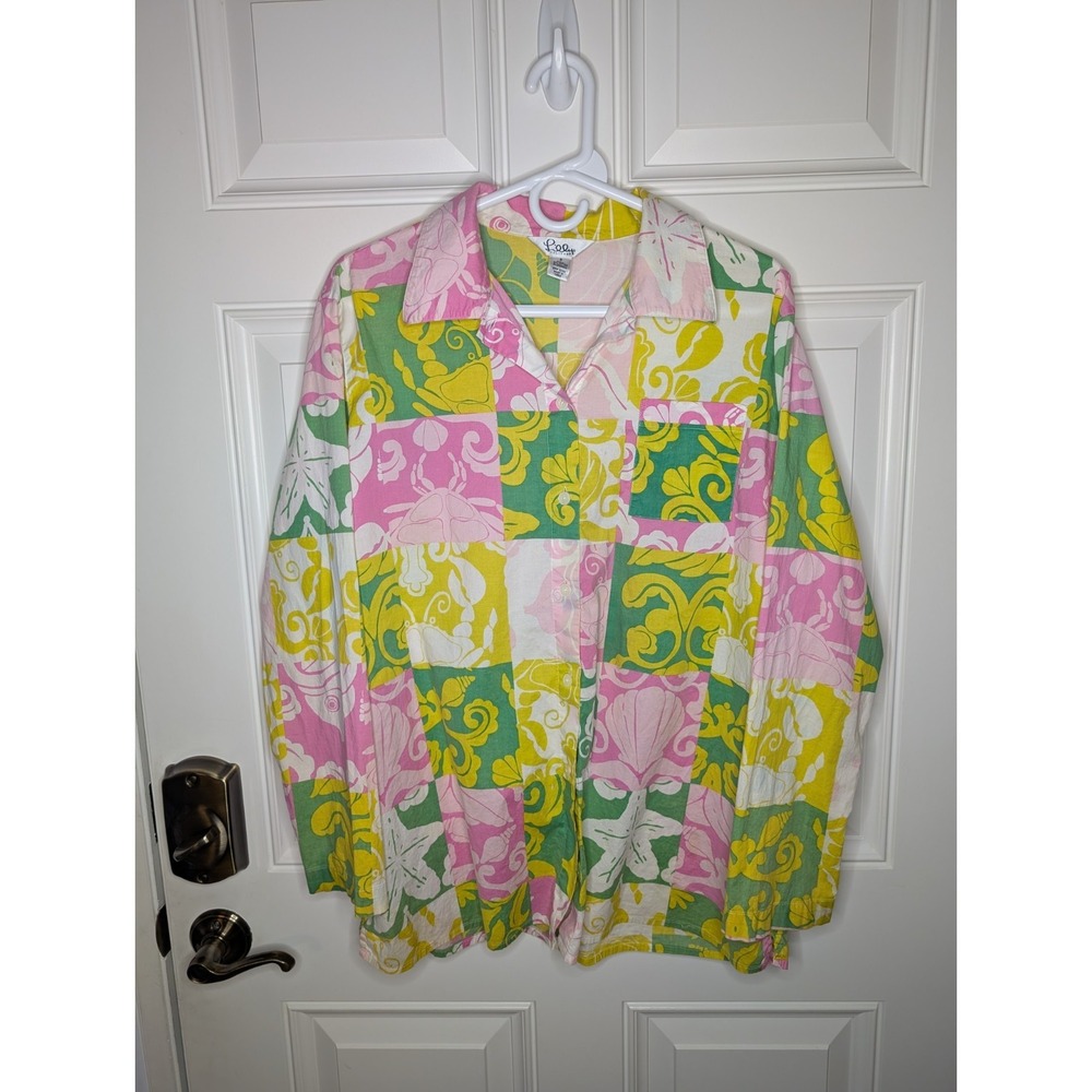 Lilly Pulitzer White Label Women's Small L/S Blouse Crabs Fish Shells Starfish - Picture 2 of 10